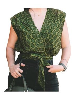 ANTHROPOLOGIE Green & Black Mock Wrap Tie Front Blouse, Size S.